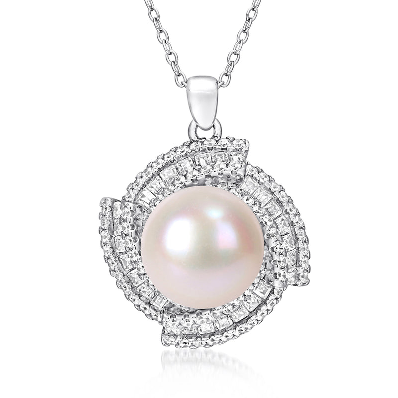 Sterling silver pendant necklace with round cultured pearl and CZ halo