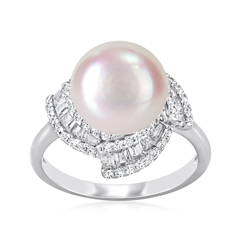 Sterling silver ring with round cultured pearl and CZ halo, raised baguette settings