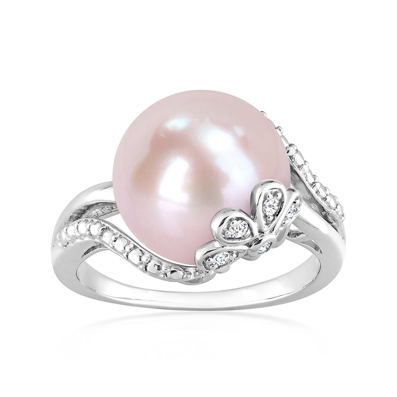 Sterling silver ring with pink cultured pearl and diamond-style floral accents