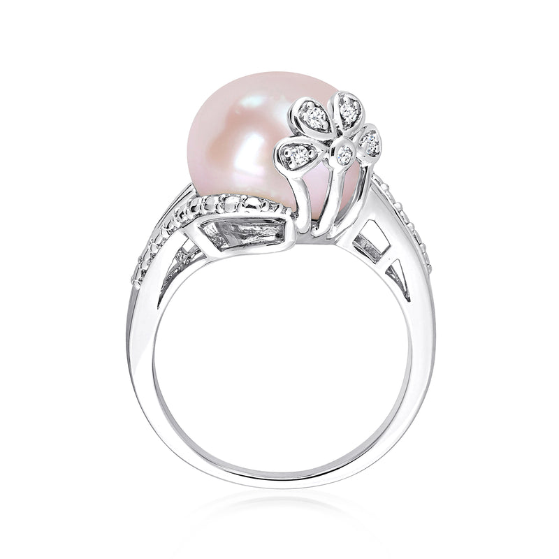 Sterling silver ring with round pink cultured pearl and clustered diamond heart accents