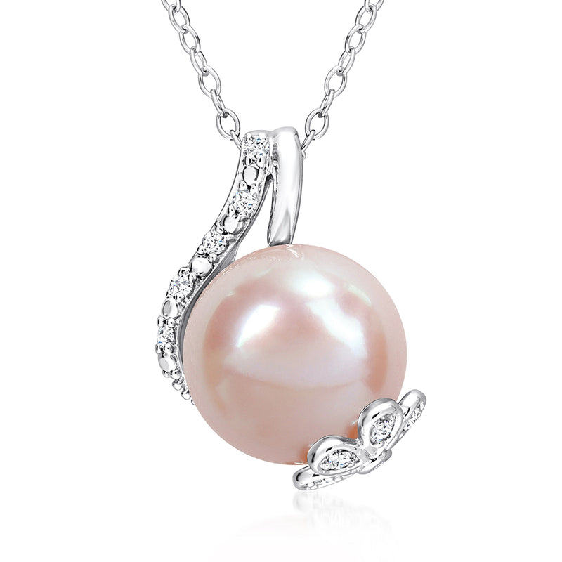 Sterling silver pendant necklace with pink cultured pearl and diamond-accent setting