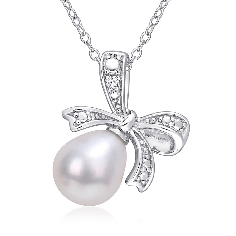 Sterling silver bow pendant necklace with large round pearl and diamond accents