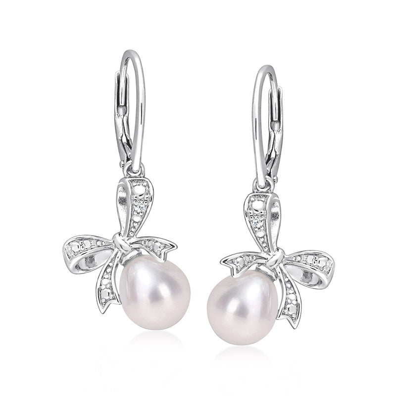 Sterling silver bow drop earrings with white cultured pearl and diamond accents, leverback