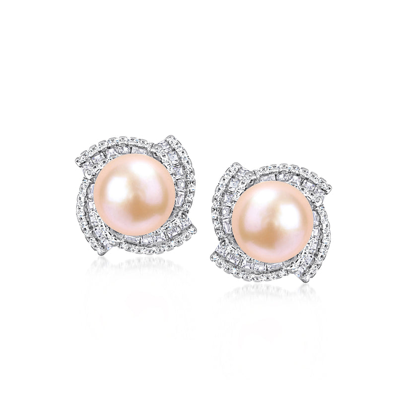 Pink cultured pearl stud earrings in sterling silver with CZ halo surround