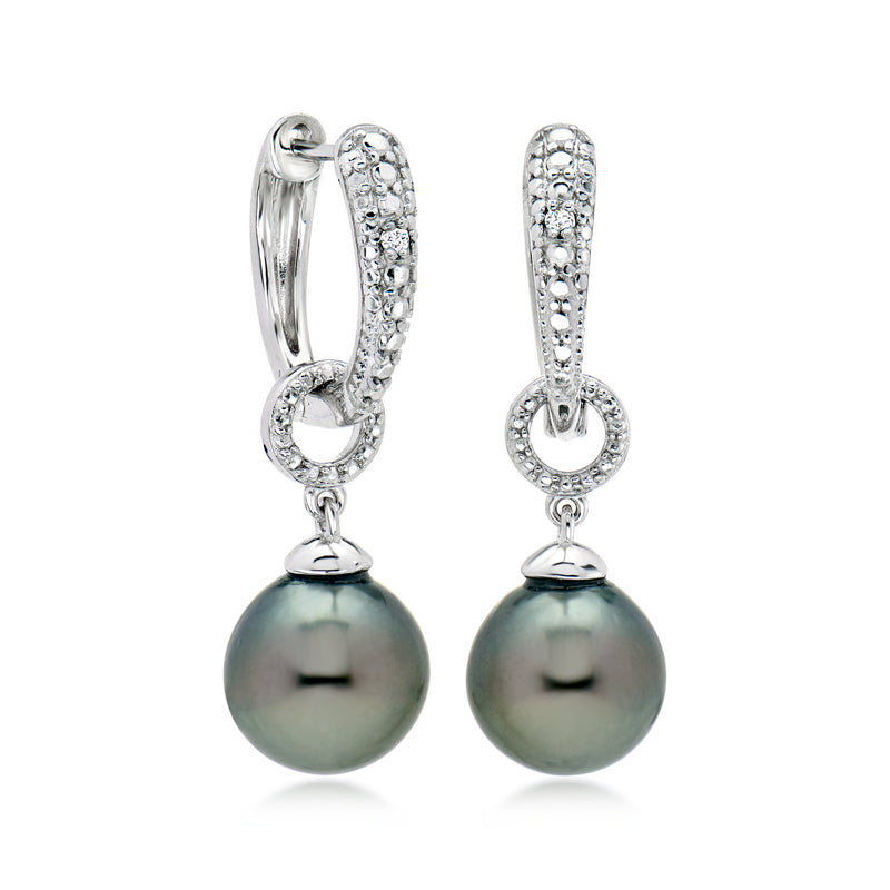 Sterling silver hoop drop earrings with pave diamond accents and dark Tahitian pearl drops
