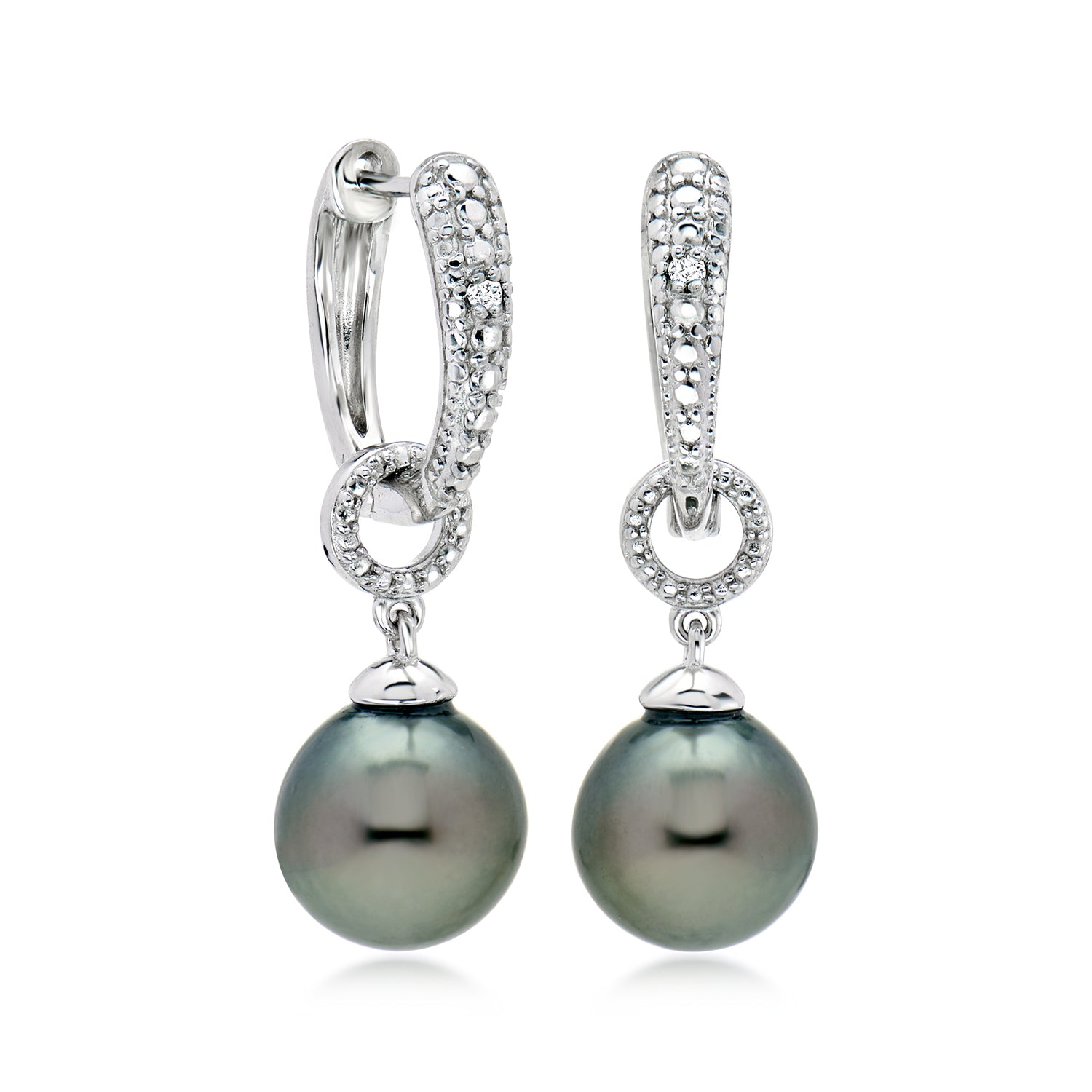 8-8.5mm Black Cultured Tahitian Pearl Hoop Drop Earrings with Diamonds in Sterling Silver