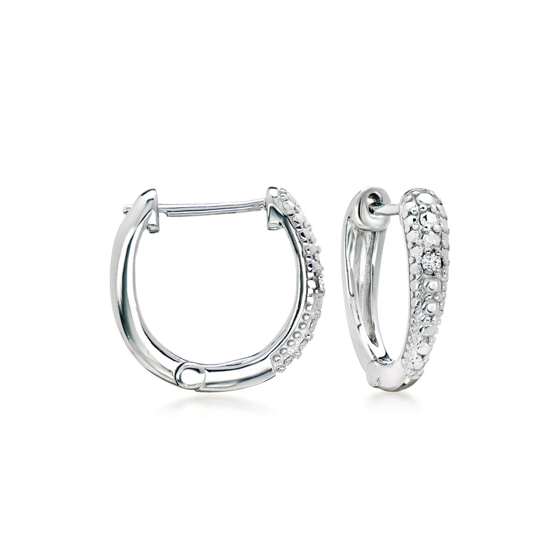 Silver hoop earrings with diamond-studded frame and hanging dark Tahitian pearl