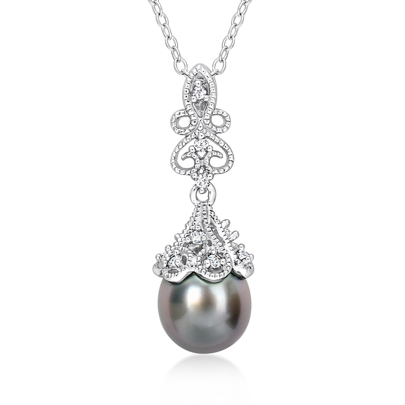 Sterling silver pendant with black Tahitian pearl and white topaz accents