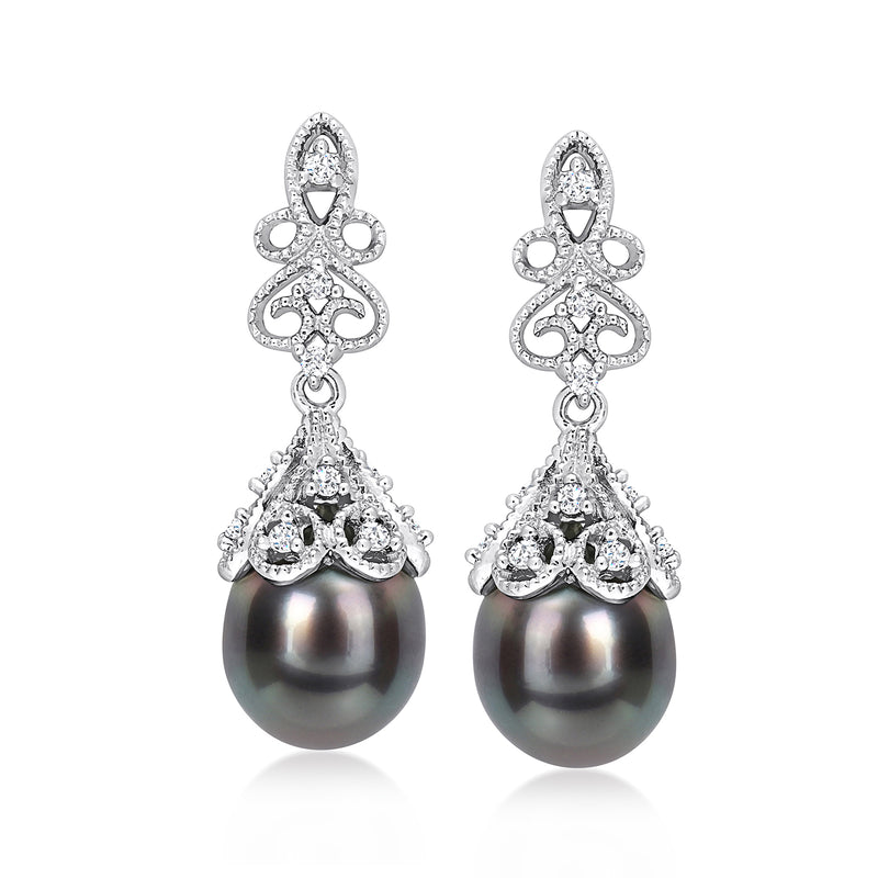 Sterling silver drop earrings with black cultured pearl and white topaz accents