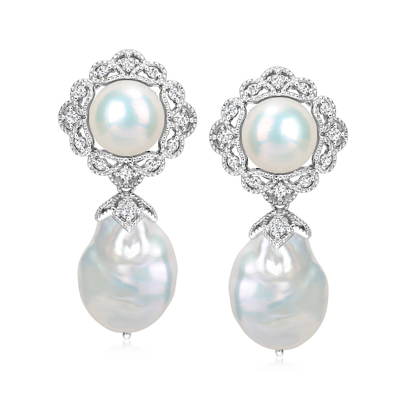 Sterling silver cultured pearl drop earrings with gemstone halo and teardrop pearls