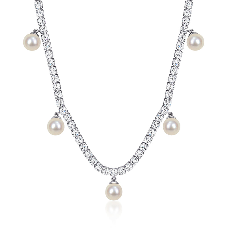 Sterling silver necklace with cultured pearls and simulated white sapphire tennis chain