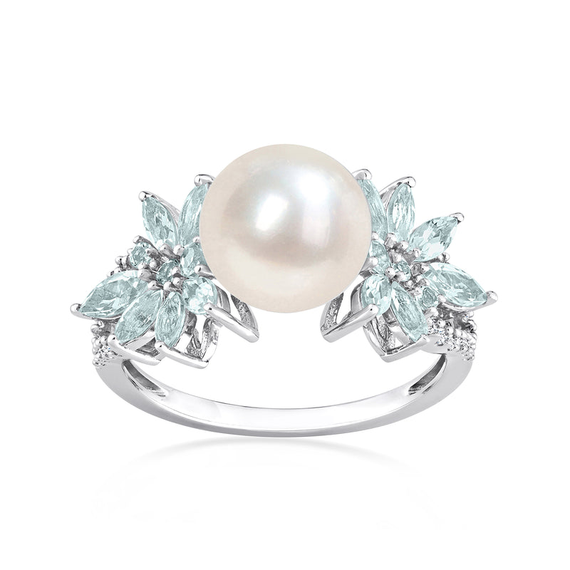 14kt white gold ring with cultured pearl, aquamarine marquise stones, and diamond accents