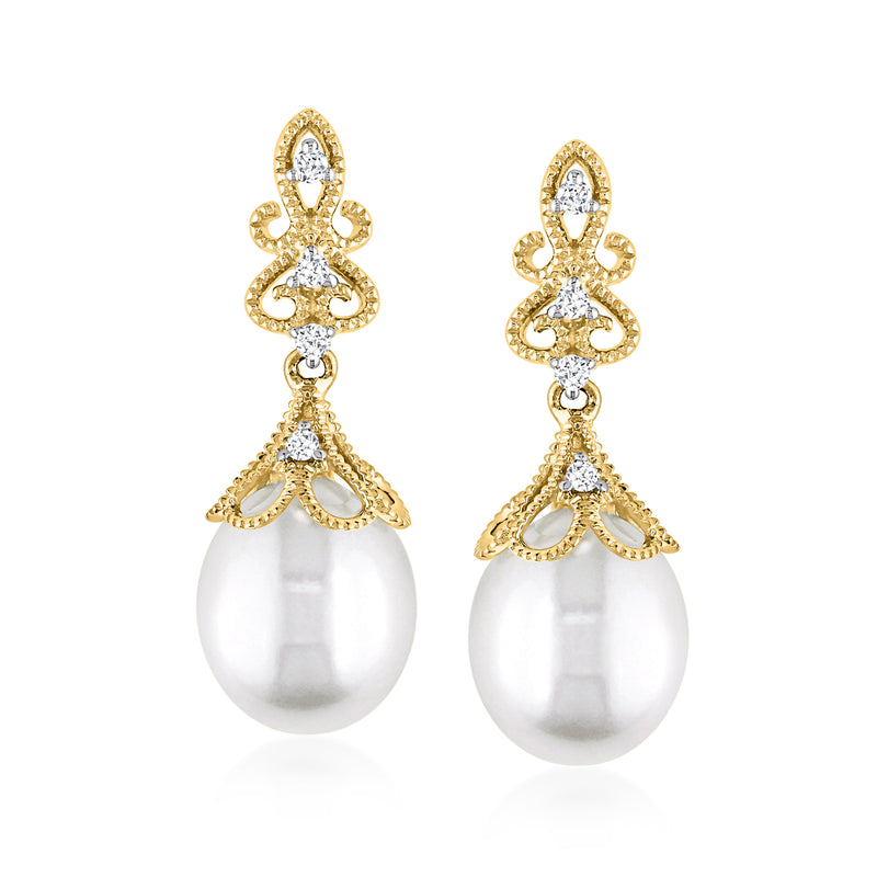 14kt yellow gold cultured pearl drop earrings with diamond accents