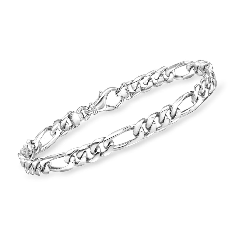 Men's platinum figaro-link bracelet with lobster clasp, polished chain links