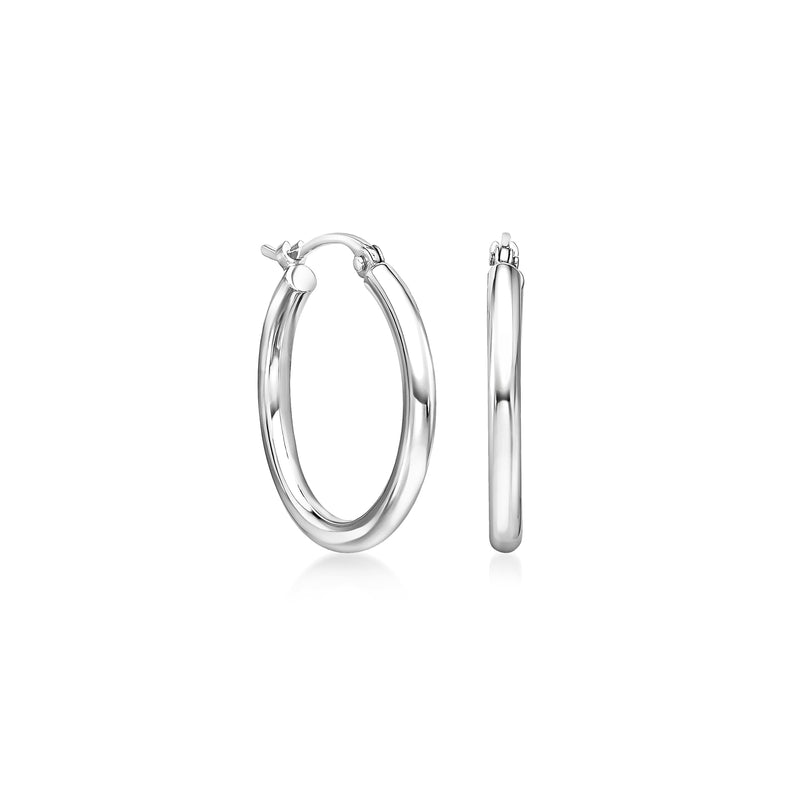 Platinum hoop earrings with front ball posts and hinged clasp, side view