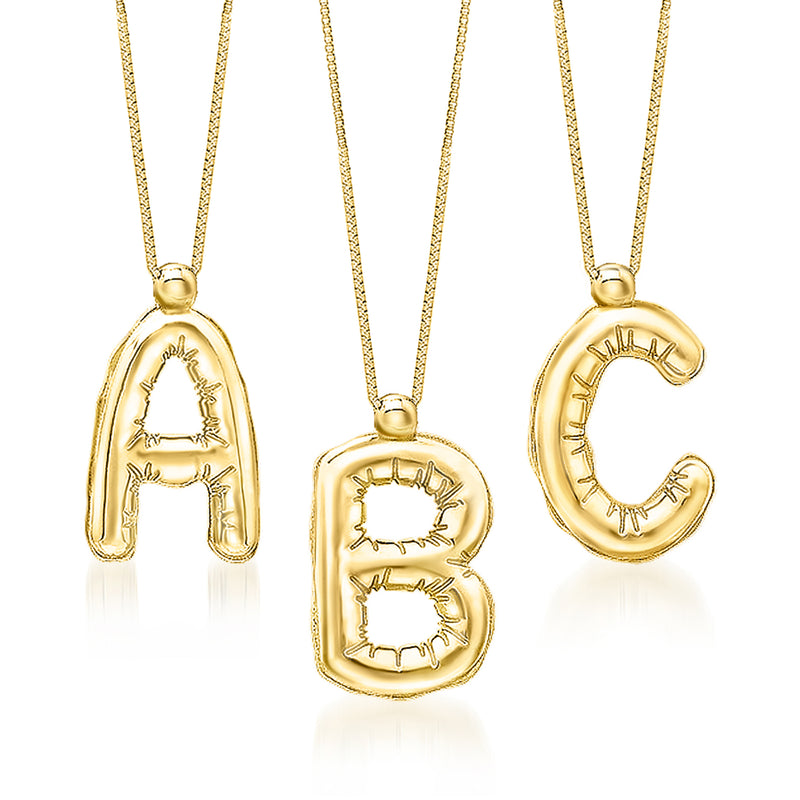 14kt yellow gold bubble initial necklace with three rounded letter pendants on chain