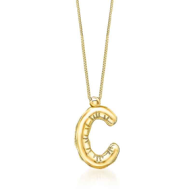 14kt yellow gold bubble initial necklace with rounded letter pendant on chain