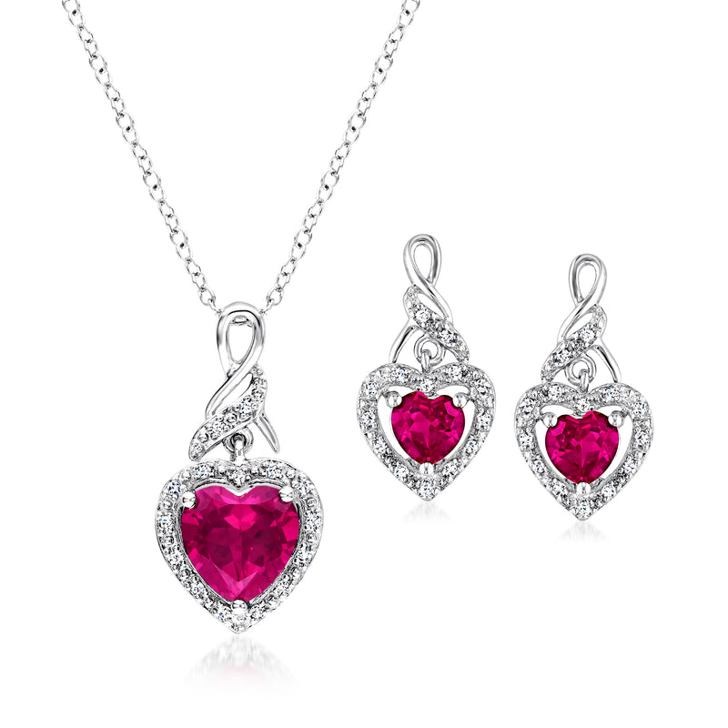 Sterling silver heart jewelry set with ruby-red simulated stones, pendant necklace and drop earrings