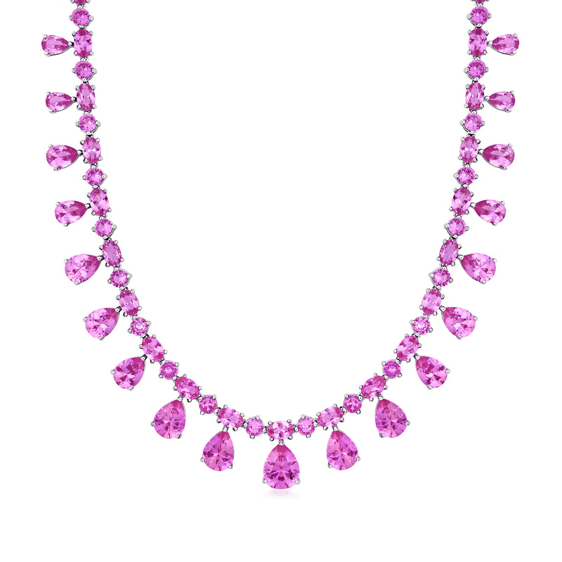 Sterling silver necklace with teardrop pink simulated sapphire-like stones in a fringe design