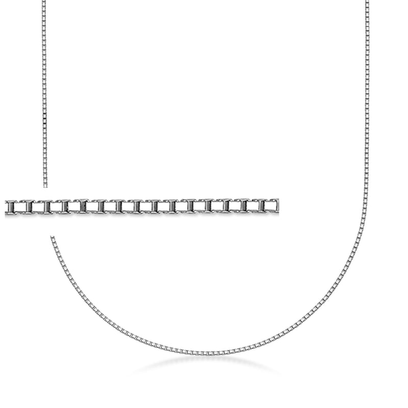 Thin solid platinum box-chain necklace, close-up of linked sections