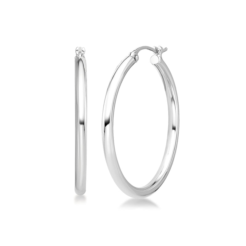 Platinum oval hoop earrings with glossy hinged posts, side view of one hoop