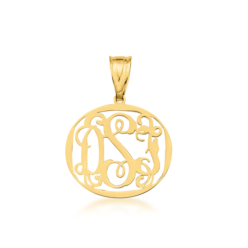 14kt yellow gold round monogram pendant with cutout lettering