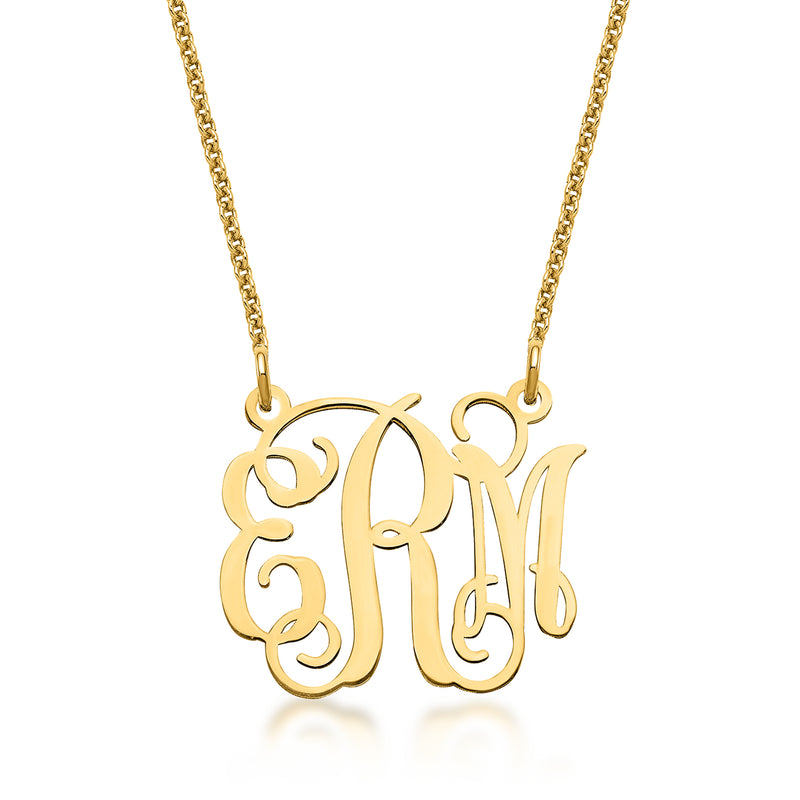 14kt yellow gold monogram necklace with cursive monogram pendant on chain