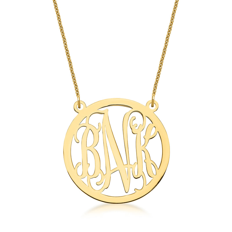 14kt yellow gold round monogram pendant necklace with polished chain and engraved letters