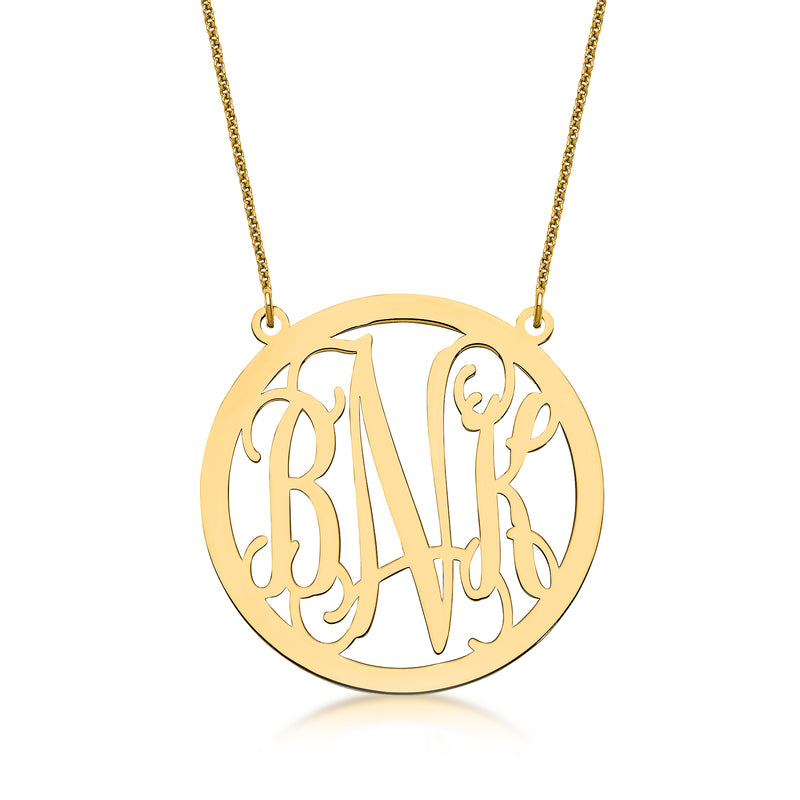 14kt yellow gold round monogram necklace with laser-cut initials pendant