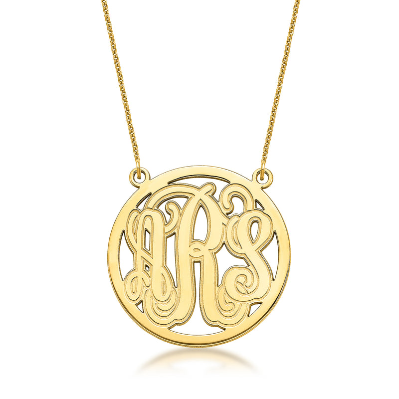 14kt yellow gold round etched monogram necklace with hanging pendant