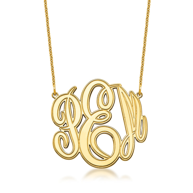 14kt yellow gold etched monogram pendant necklace on a fine chain