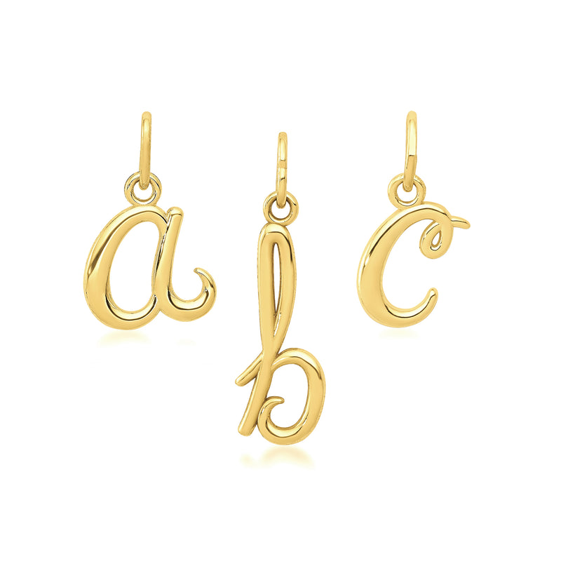 Three 10kt yellow gold script initial pendants with loop bail, cursive lettering