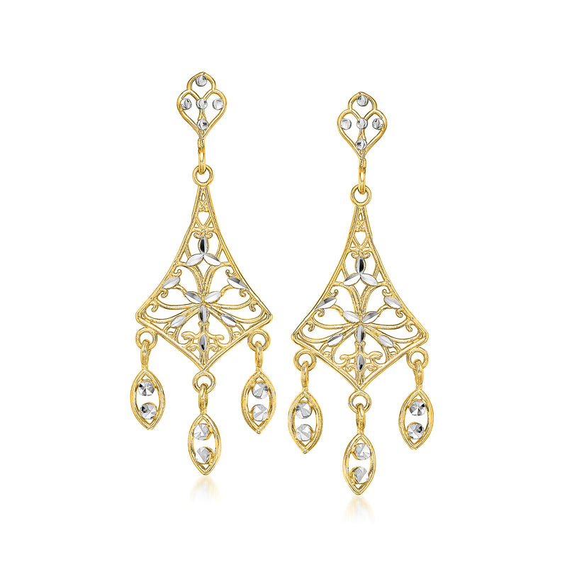 Gold filigree drop earrings with teardrop charms and clear oval stones