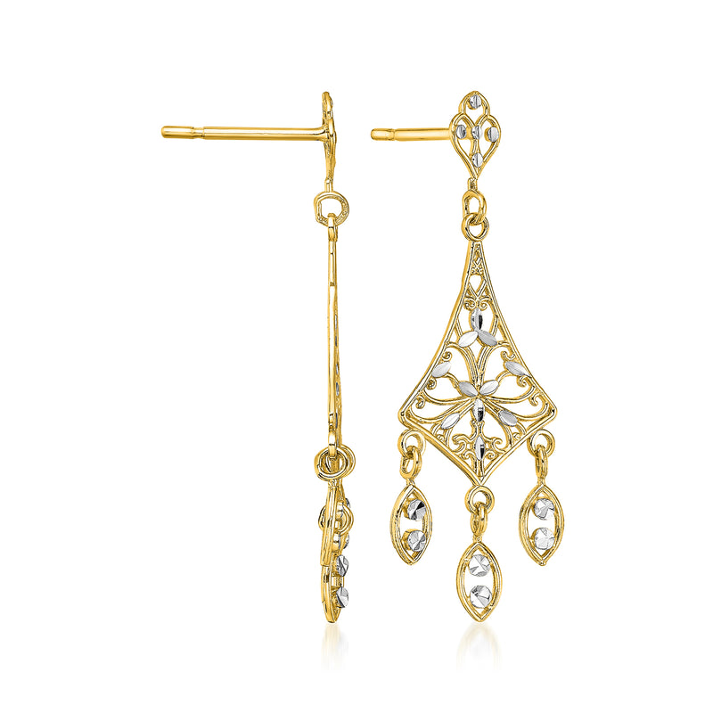 Two-tone gold filigree chandelier drop earrings with oval crystal drops
