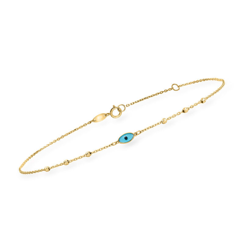 14kt yellow gold anklet with blue evil eye glass bead and circular link clasp