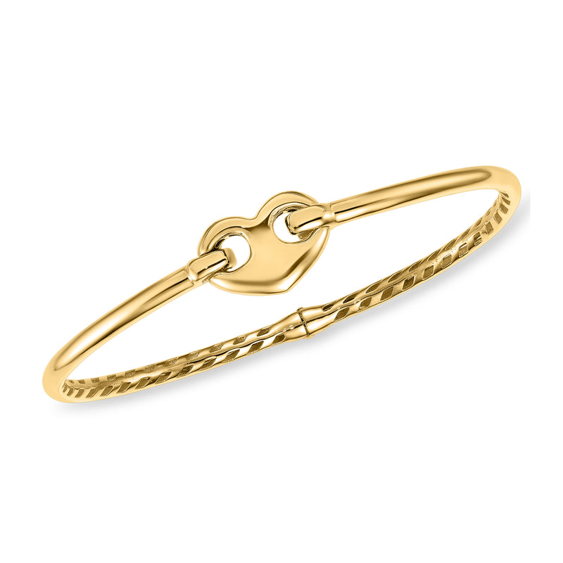 14kt yellow gold heart bangle bracelet with hinged clasp and twisted band
