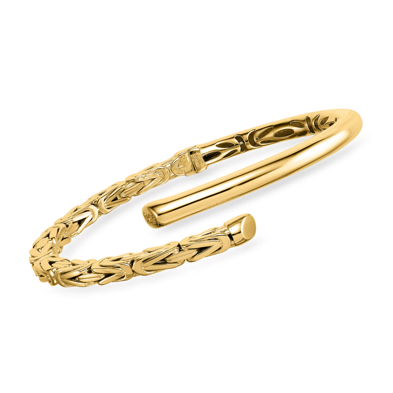 14kt yellow gold Byzantine bypass cuff bracelet, polished textured links