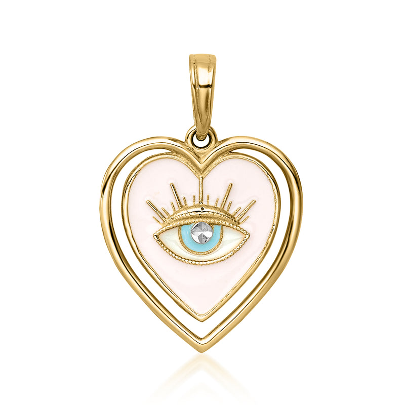 14kt yellow gold heart pendant with multicolored evil eye enamel in center
