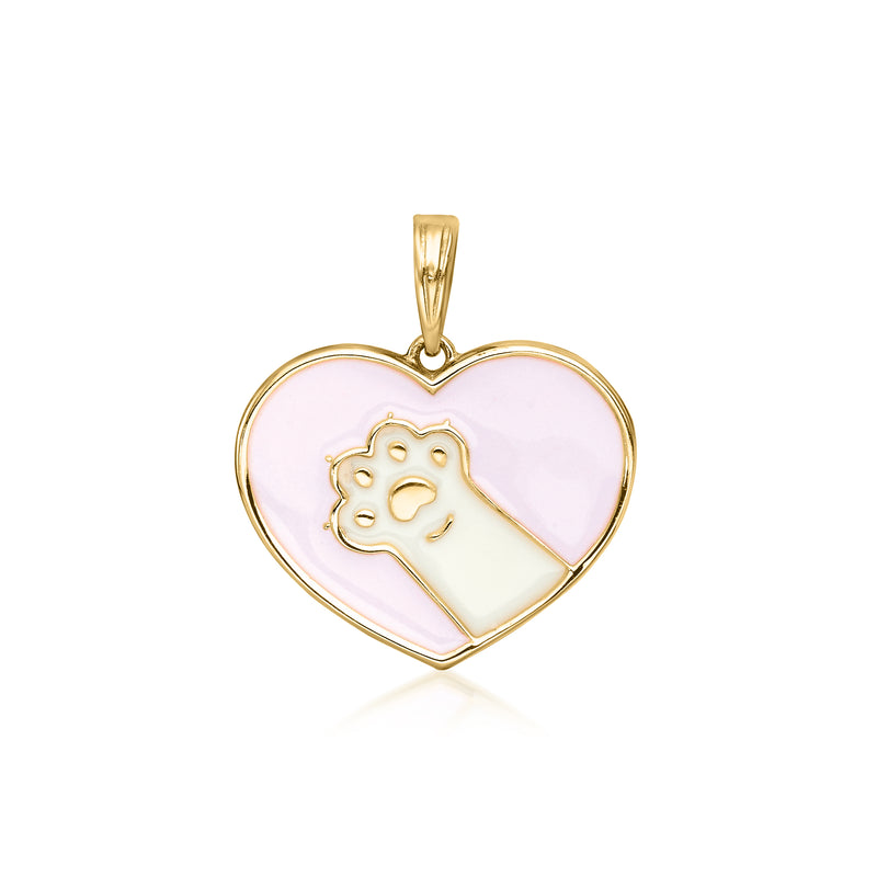 14kt yellow gold heart pendant with pink enamel and paw-print outline
