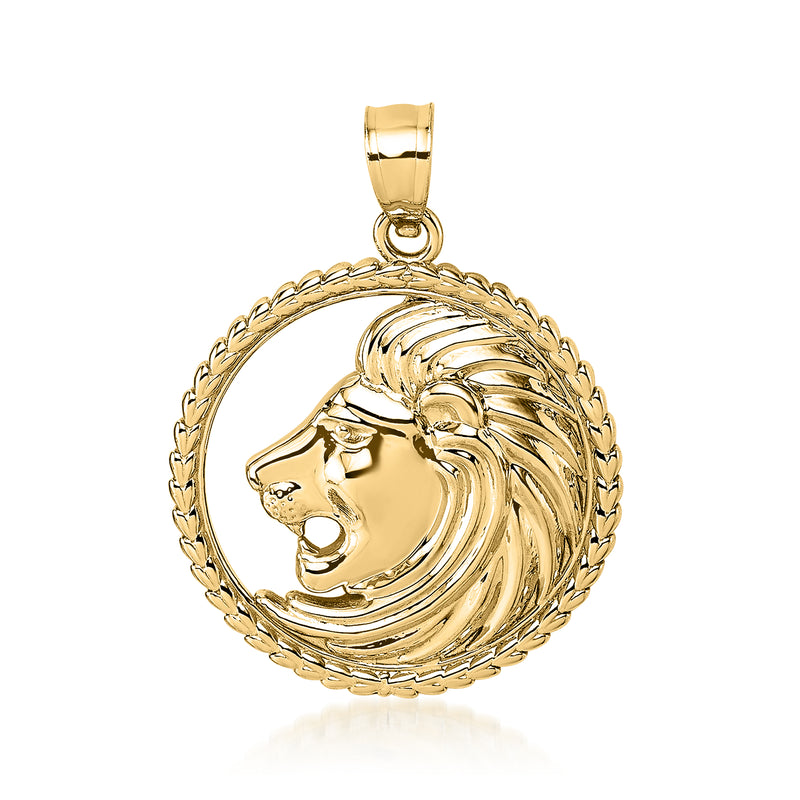 14kt yellow gold lion head pendant, round medallion with bail