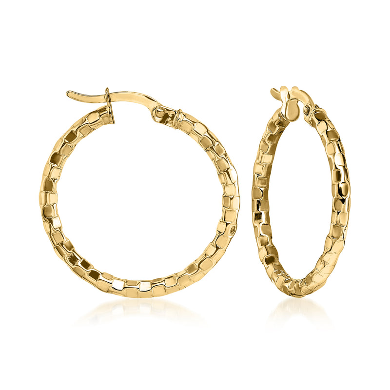 14kt yellow gold textured tube hoop earrings, pair