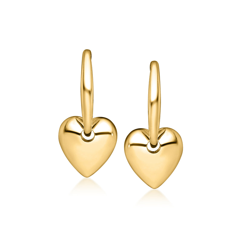 14kt yellow gold hoop earrings with hanging heart charms