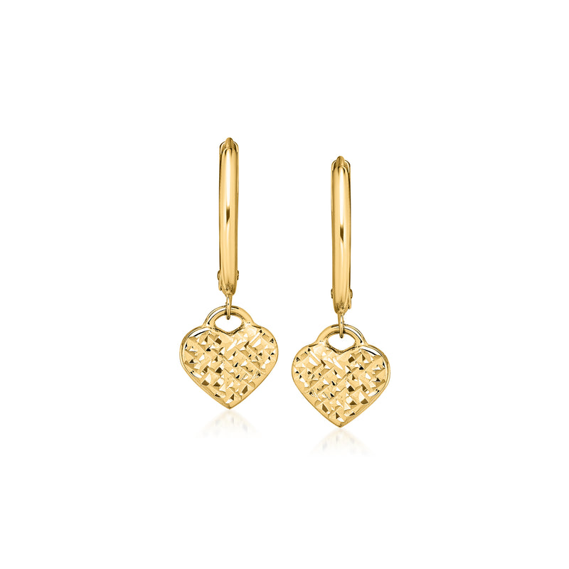 14kt yellow gold diamond-cut heart drop earrings with leverback closure