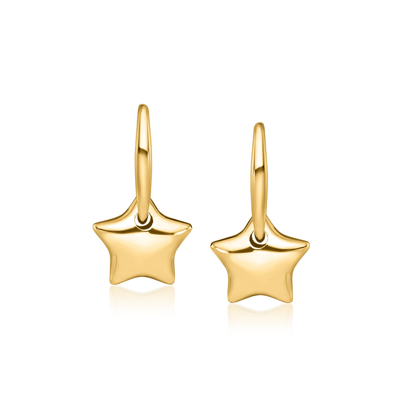 14kt yellow gold hoop earrings with dangling star charms