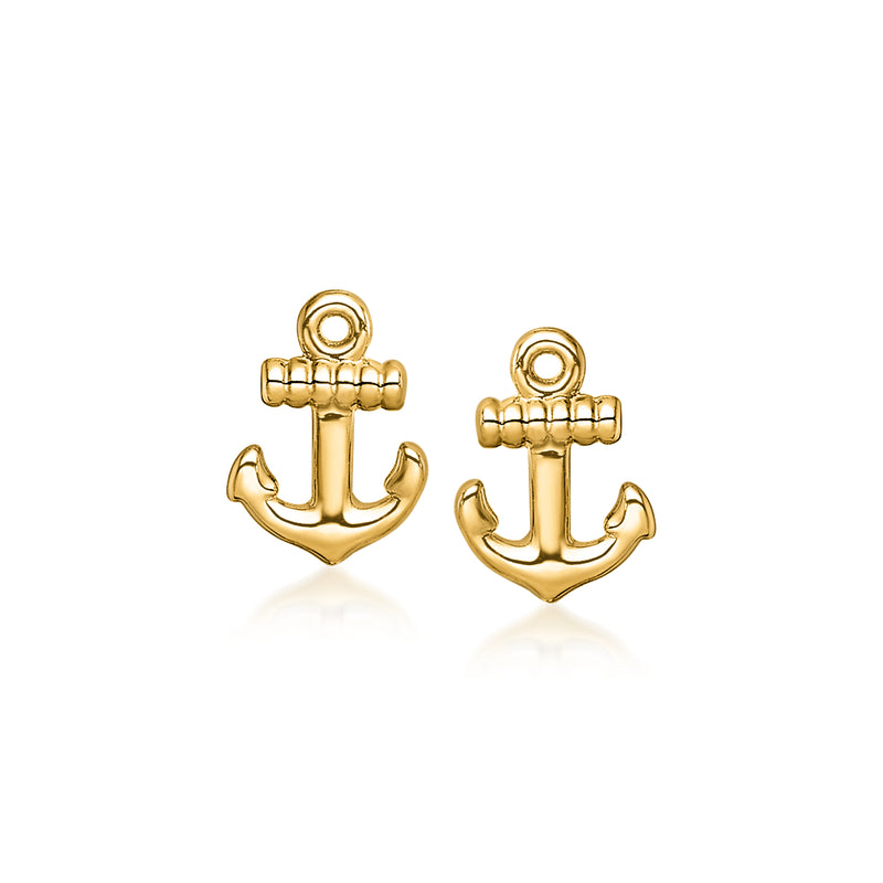 14kt yellow gold anchor stud earrings with round top bail, post backs