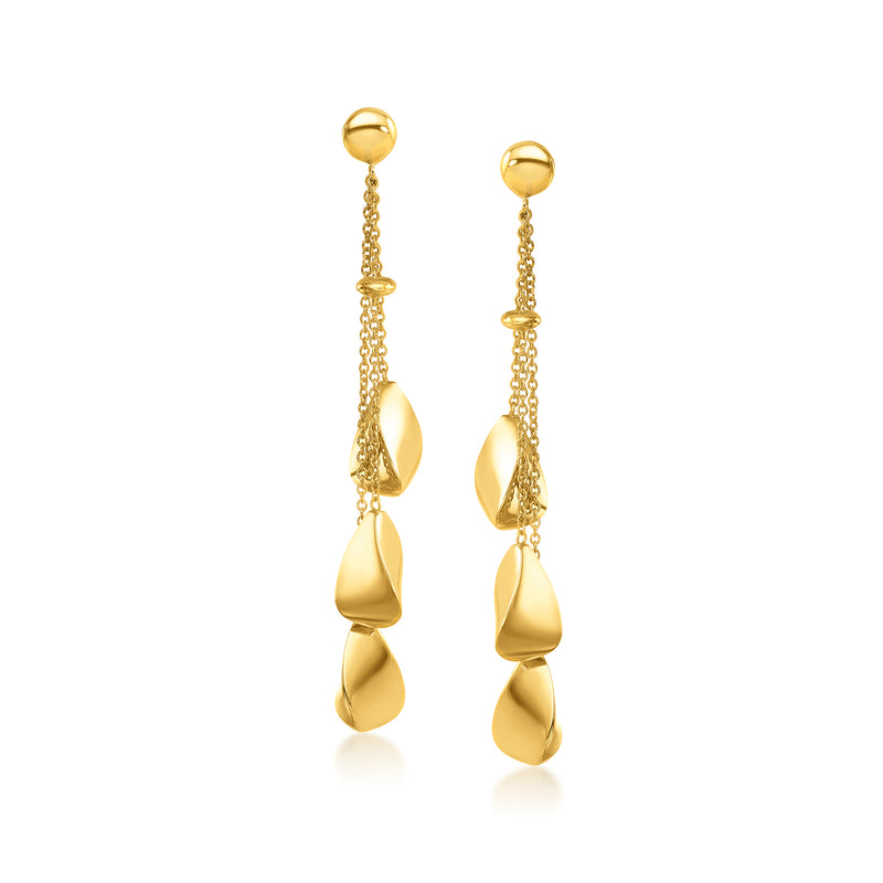 14kt yellow gold triple teardrop drop post earrings, textured teardrop charms