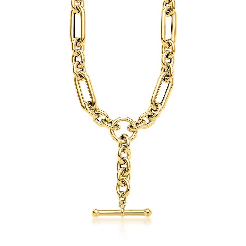 14kt yellow gold link lariat necklace with round bar centerpiece and chain drop