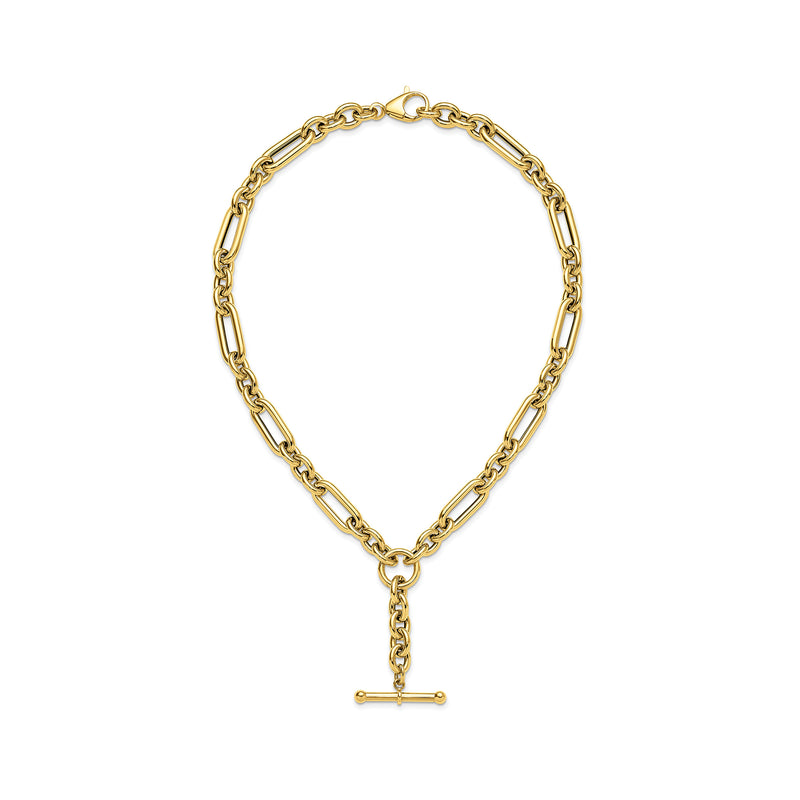 Yellow gold link lariat necklace with small T-bar pendant hanging from the chain