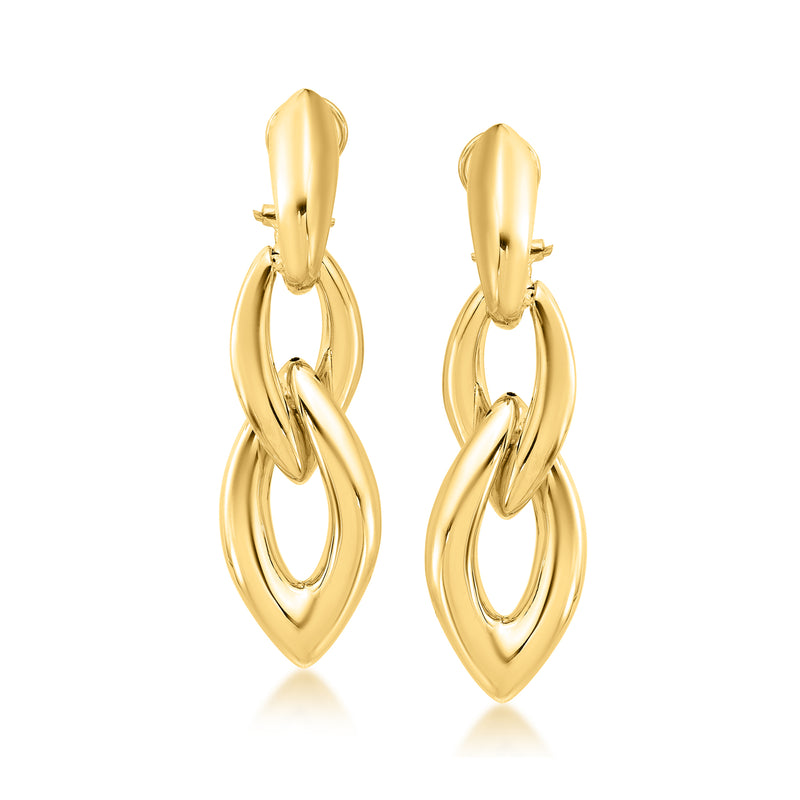 18kt yellow gold drop hoop earrings with post backs, interlinked oval loops