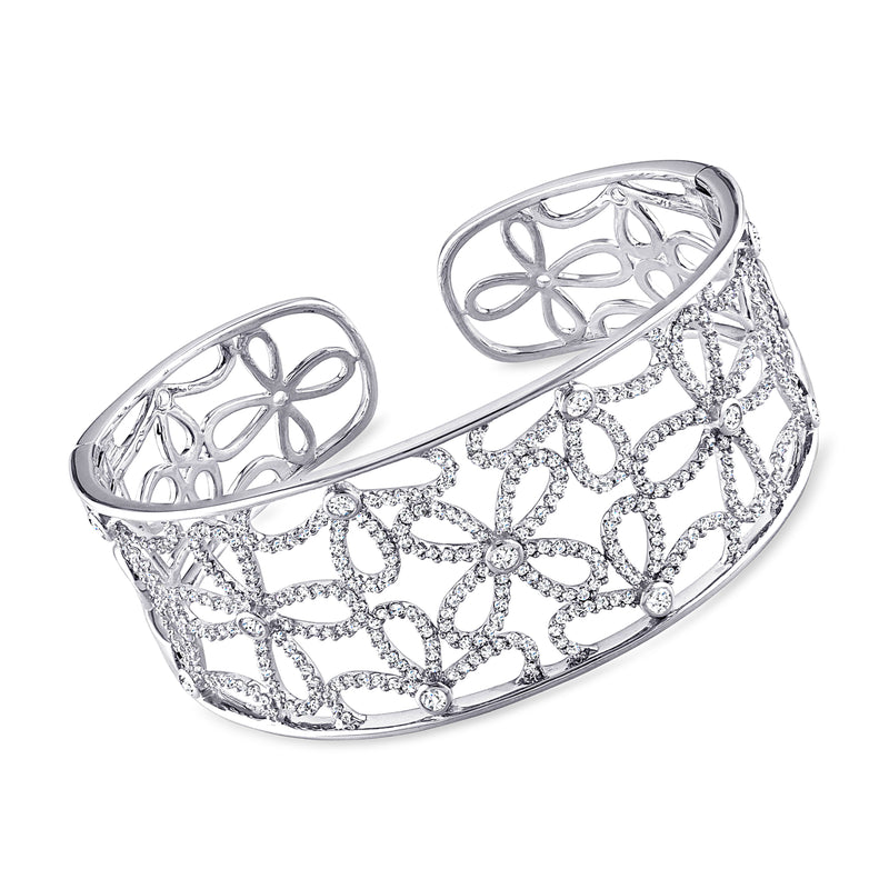Floral openwork diamond cuff bracelet in 14kt white gold, wide bangle style